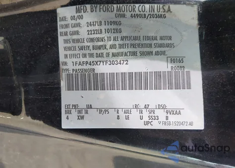 2000 Ford Mustang Gt z USA, uszkodzony, nr VIN 1FAFP45X7YF303472